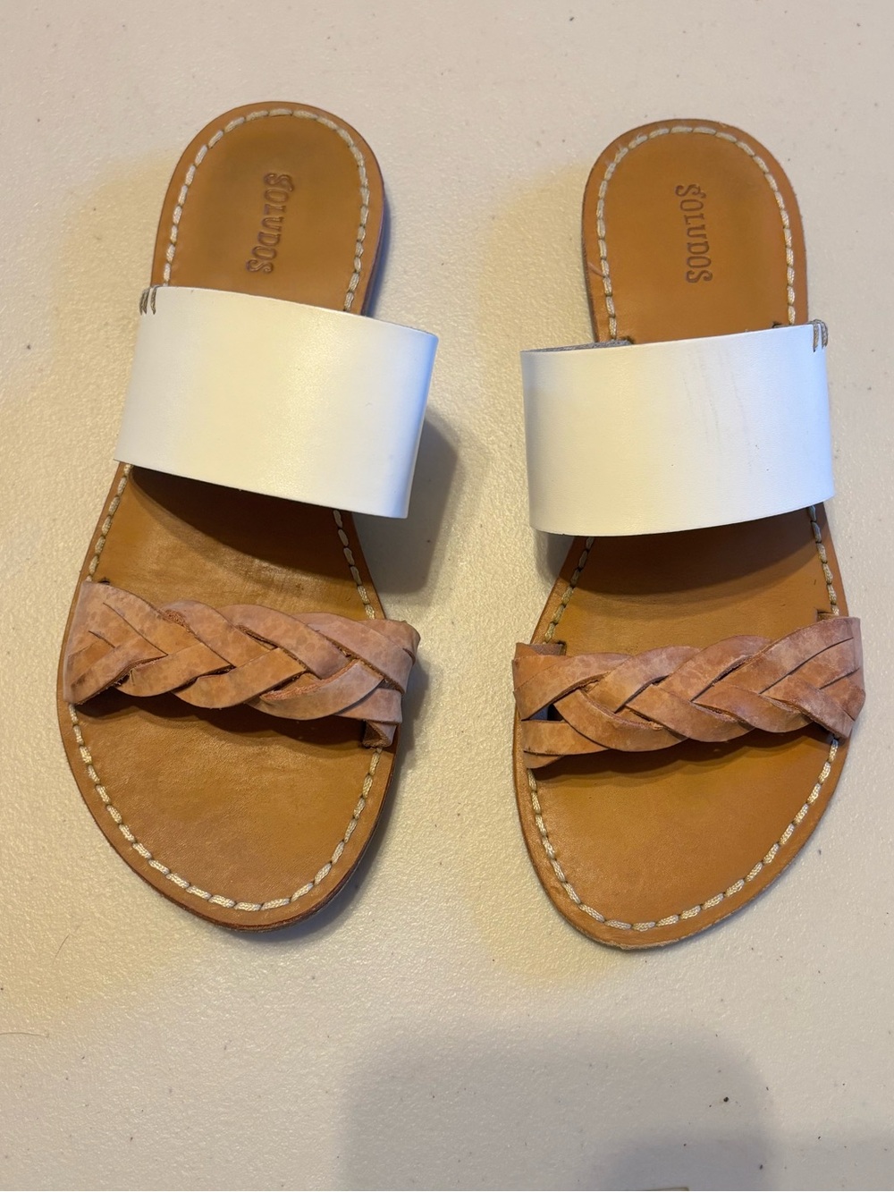 Soludos White and Tan Braided Leather Slide Sandals 6